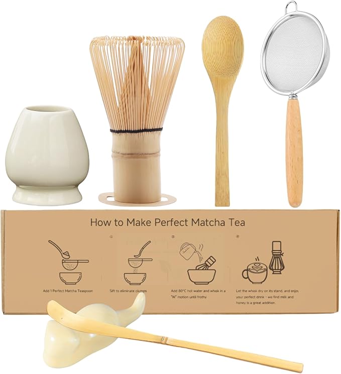 Matcha Whisk Set, 6-Piece Matcha Making Kit, Macha Tea Set, (Chasen Holder), Ceramic Whisk Holder, Matcha Starter Sifter, Bamboo Scoop, Spoon Japanese Tea Tools For Ceremony Gift (Yellow)