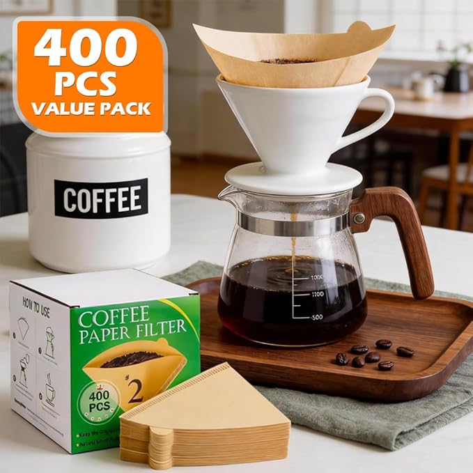 BYKITCHEN 400PCS Cone Coffee Filters 02, Disposable Natural Unbleached Pour Over Paper Coffee Filter Cone Shaped #2, Compatible with Pour Over Dripper & Drip Coffee Maker Filter Basket(1–4 Cup)