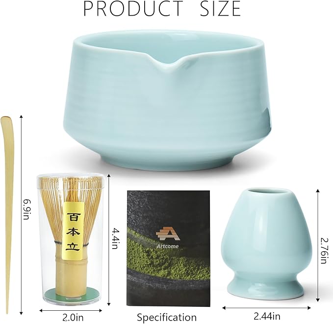 Artcome Matcha Tool Set - Complete Kit with Matcha Bowl with Spout, Bamboo Whisk, Tea Scoop & Whisk Holder, Celadon Blue