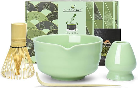 Artcome 4-Piece Matcha Tea Set - Complete Japanese Ceremony Kit with Bowl, Whisk, Whisk Holder, Scoop & Guide, Green