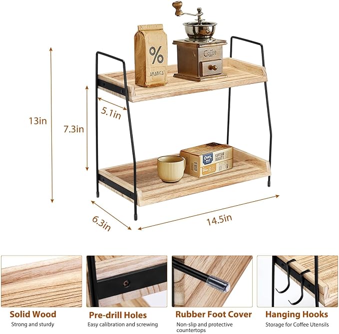 2-Tier Coffee Station Organizer for Countertop, Wooden Coffee Bar Organizer with 2 Cup Hooks, Countertop Storage for Bathroom, Kitchen, Holiday Decorations - Image 3