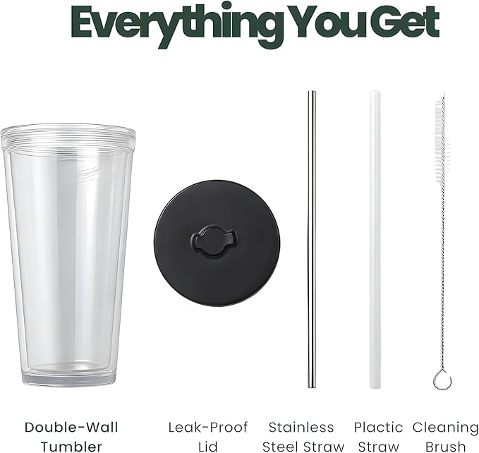 Reusable Iced Coffee Cup (16 Oz/Grande), Leak Proof and Double Wall Insulated Iced Coffee Tumbler, Come with Reusable Plastic and Metal Straws and Straw Cleaner - Black