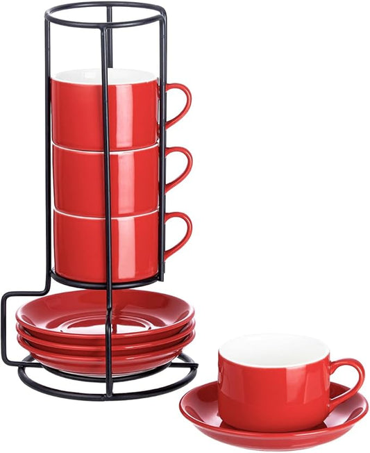 2.5oz Espresso Cups Set of 4, Porcelain Stackable Espresso Cups with Saucers and Metal Stand Set, Red Expresso Shots Cup Set