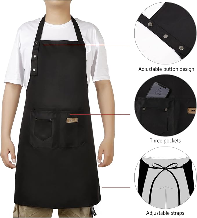 Hongsome Adjustable Button Apron for Women Men Artist Painting Pottery Garden Cooking Kitchen Chef 3 Pockets Waterproof M-XXL - Image 4