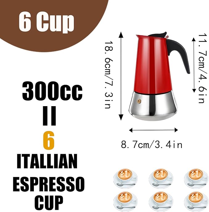 6 Cup Stovetop Espresso Maker Stainless Steel Moka Pot Stove Top Percolator Italian Coffee Makers Capable Mocha Greca Machine Cafe Classic Induction Cookers for Home and Camping 300ml 10oz
