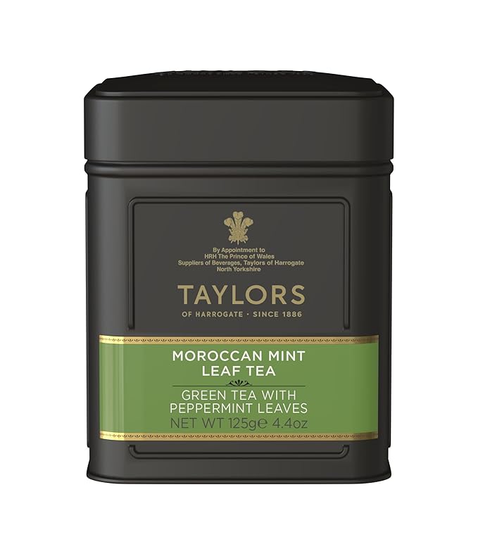 Taylors of Harrogate Moroccan Mint, Green Tea, Loose Leaf, 4.41 Ounce Tin Caddy, Fresh, Light, and Lively, Caffeinated, Premium Whole Leaf Tea