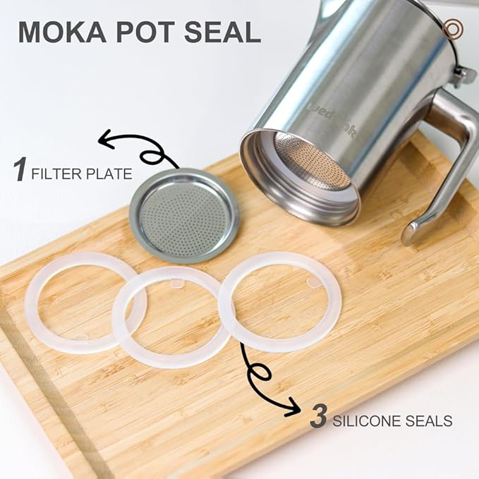 wedrink 1 Filter and 3 Silicone Gasket Seals Replacement for Stainless Steel Moka Pot and Stovetop Espresso Coffee Maker(9 Cup)