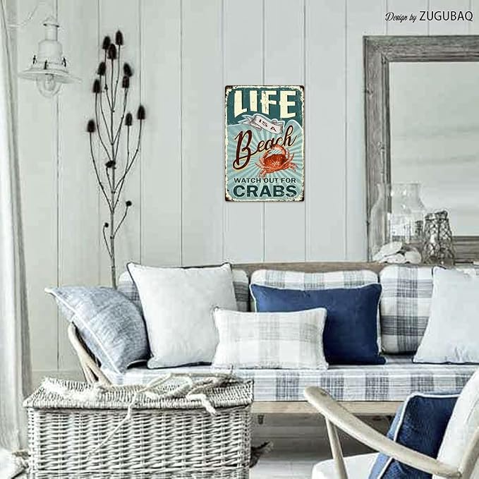 Vintage Tin Signs Wall Decor, Life Is A Beach Watch Out For Crabs, Retro Metal Sign for Outdoor Indoor Home Beach Garden Tub Bar Farmhouse Cafe Gate Fence 8X12 Inch Decorations - Image 6