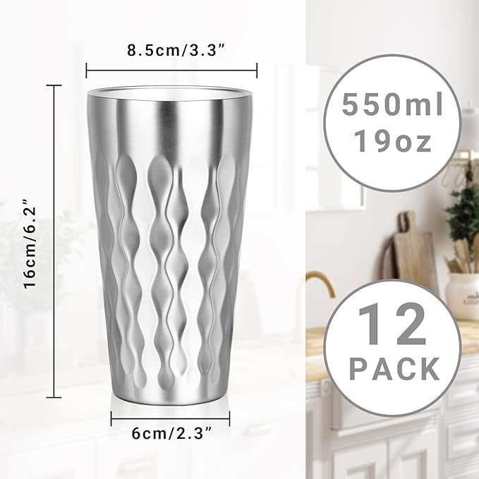Stainless Steel Drinking Glasses, 19 oz Insulated Tumbler, 12 Pack Double Wall Unbreakable Stackable Water Tumblers Premium Insulated Metal Cup for Travel Camping Home Outdoor Gifts