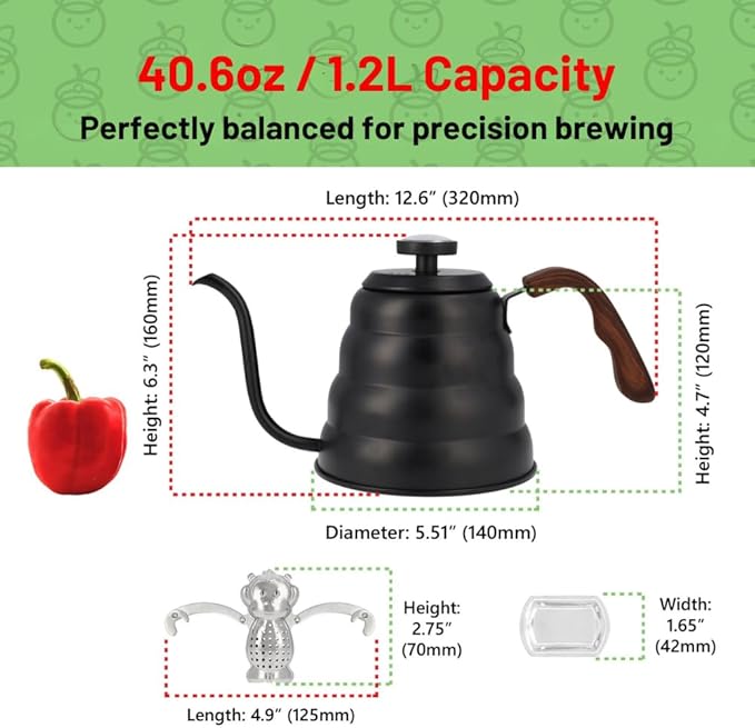 Black Japanese Gooseneck Kettle Stovetop with Thermometer and Insulated Handle (4-piece, 40.6 oz /1200ml), Stainless Steel Pour Over Tea Stovetop Kettle, Precision Pour Kettles Pot