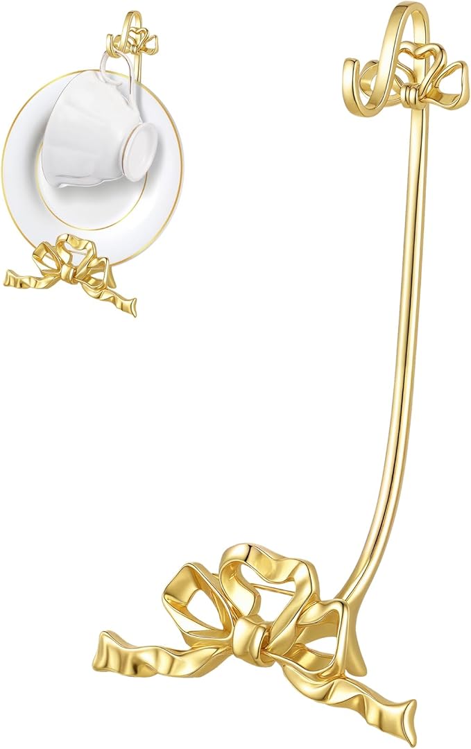 Brass Tea Cup and Saucer Display Stand Vintage Bow Teacup Holders Plate Stand Mug Hooks Classic Durability Countertop Storage for Cabinet Kitchen Counter Bar (4.92 x 9.25 x 2.56 Inches)