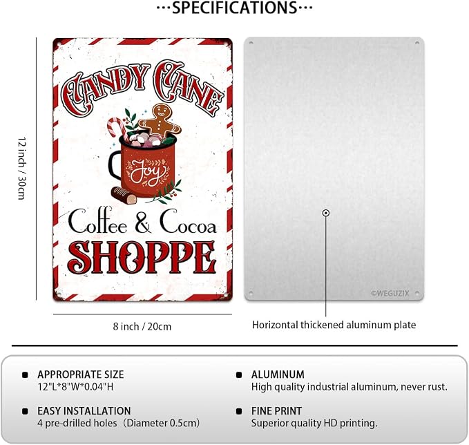 Christmas Signs Home Decor Vintage Art Poster Metal Hanging Plaque Kitchen Cafe Bar Farmhouse Porch Yard Outdoor Indoor Decorations Funny Xmas Gift 8X12 Inch (Candy Cane Coffee Cocoa Shoppe Sign) - Image 2