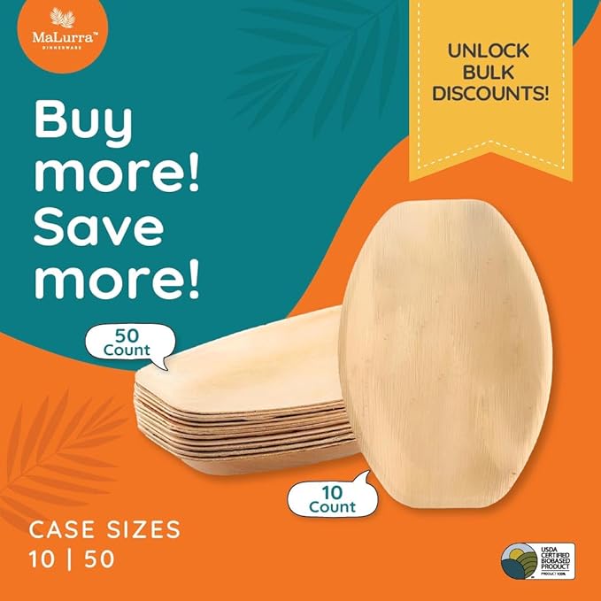 15"x10" Oval Tray - 50 PCs Disposable Serving Palm Platters Like Bamboo Charcuterie Tray | Biodegradable | Disposable | Eco-Friendly, Heavy Duty, Bulk | For Parties, Weddings, BBQs & Catering