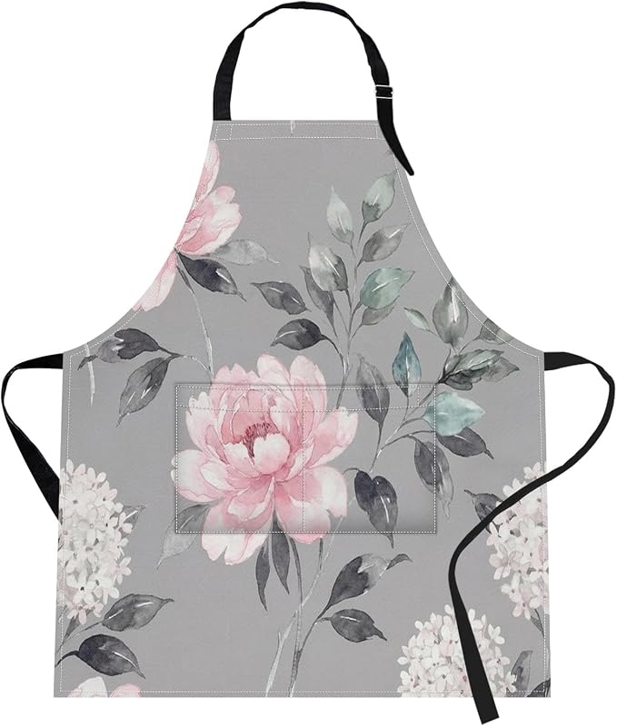 Britimes Apron with Pockets, 32x28 inch, for Women Men, Floral Grey | Pink Flower Leaves Waterproof Adjustable Bib Aprons for Kitchen Cooking Baking Painting Gardening by Britimes
