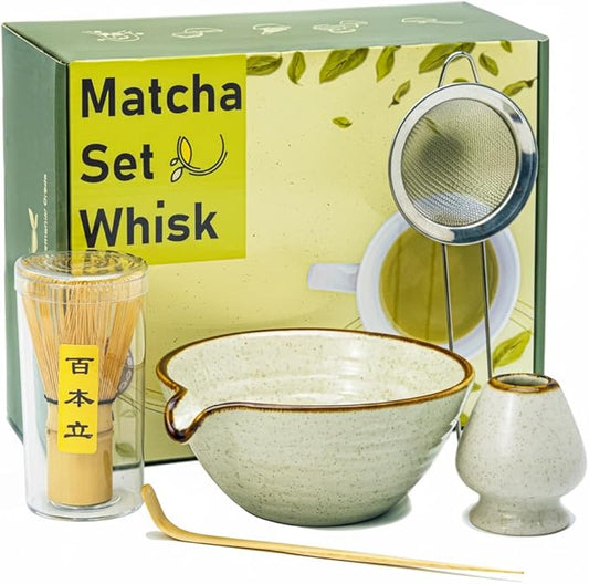 Matcha Whisk Set,Matcha Set,Matcha Kit,Matcha Bowl with Spout,Scoop,Sifter,Bamboo Whisk,Chasen Holder,Unique Gifts for Women Mom her Grifend,Gifts for Christmas, Birthday