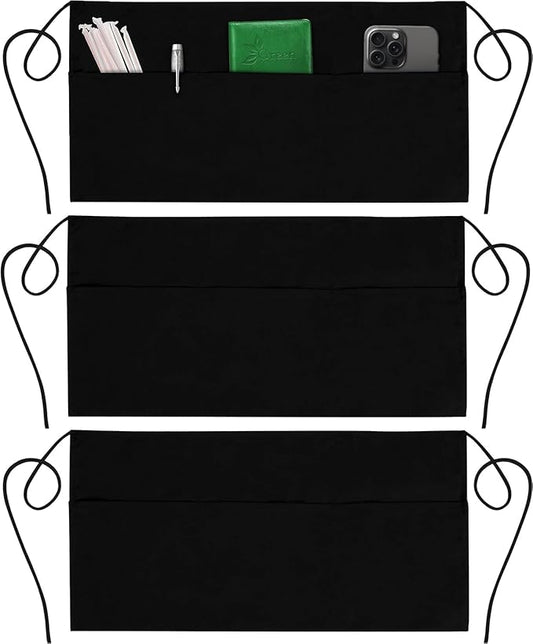 GREEN LIFESTYLE 3 Pack Server Aprons with 3 Pockets - Waist Apron, Waitress Apron for Women and Man, Water Resistant with Long Waist Strap Reinforced Seams, Half Apron (Black)