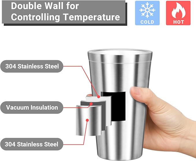 Stainless Steel Cups, 16 oz Insulated Tumbler, 12 Pack Double Wall Unbreakable Stackable Water Tumblers Insulated Metal Cup Premium Drinking Glasses for Travel Camping Home Outdoor