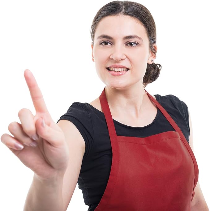 Total 6PCS Deep Red Bib Apron for Women Adult Unisex Durable Comfortable with 2 Front Pockets Washable Chef Aprons for Cooking Baking Kitchen Restaurant Crafting Painting. - Image 4