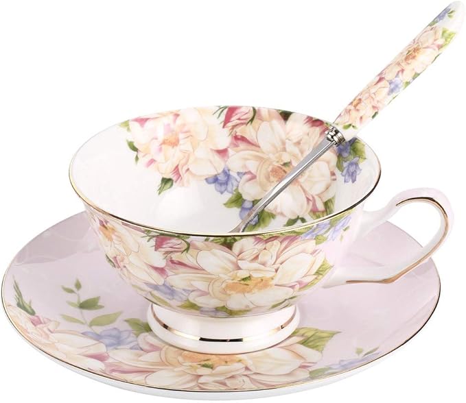 Pink Tea Cup,Floral Tea Cup and Saucer Set,Bone China Tea Set,Coffee Cup,Tea Set for Adults/Friends/Women/Men,7OZ