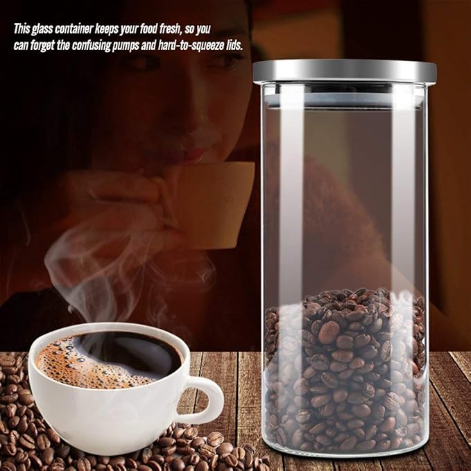 Bewinner Glass Coffee Bean Container, 1000ML Glass Storage Jar Coffee Beans Kitchen Food Container with Stainless Steel Lid for Use Storing Cookies, Sugar, Flour, Coffee(1000ML)