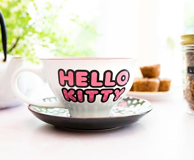Silver Buffalo Sanrio Hello Kitty 12-ounce Ceramic Teacup and Saucer Set | Tea Party Gift Set For Coffee, Espresso