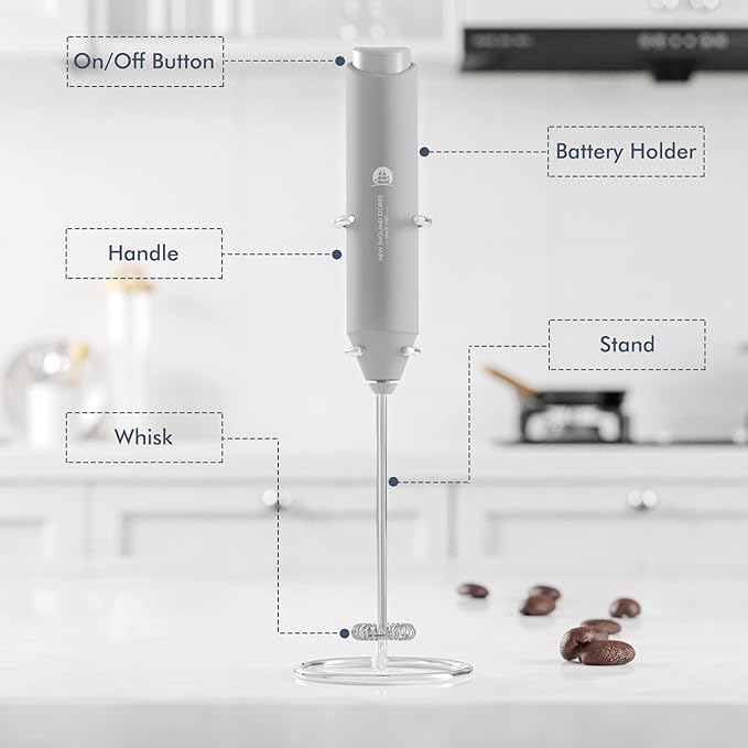Powerful Milk Frother Handheld Foam Maker, Mini Whisk Drink Mixer for Coffee, Cappuccino, Latte, Matcha, Hot Chocolate, With Stand, Grey