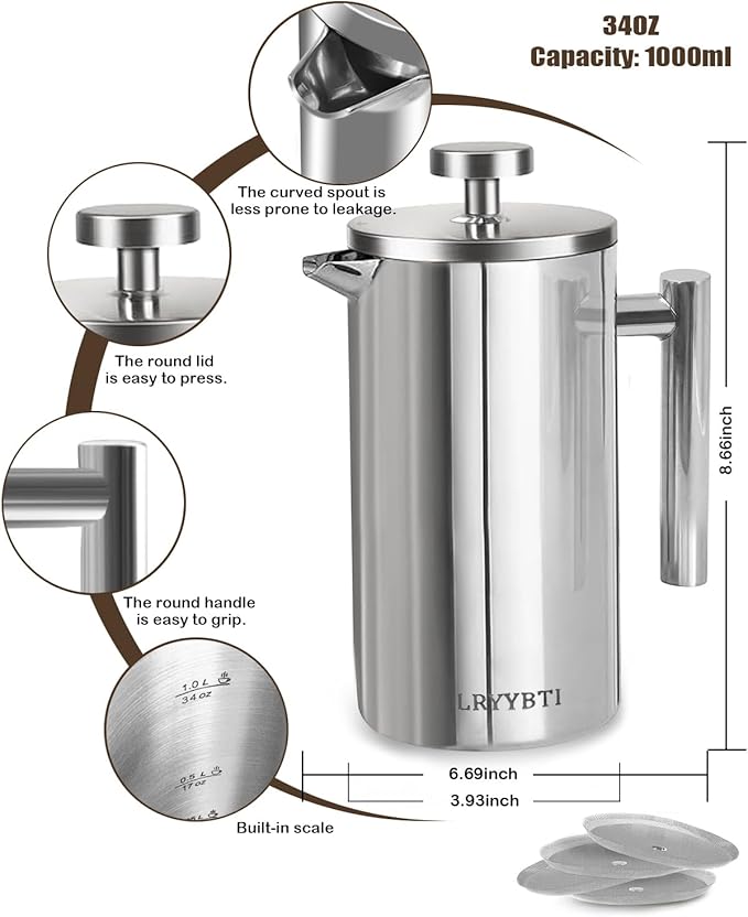 French Press Coffee Maker,304 Stainless Steel Coffee Press with scale lines and 2 Extra Filters for Kitchen & Camping (Silver, 34 OZ) 1 Litre