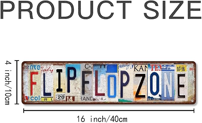 Vintage License Plate FLIP FLOP ZONE Sign – 16x4 Inch Rustic Tin Wall Décor for Beach House, Poolside, Patio, Coastal Cottage or Summer Bar - Image 2