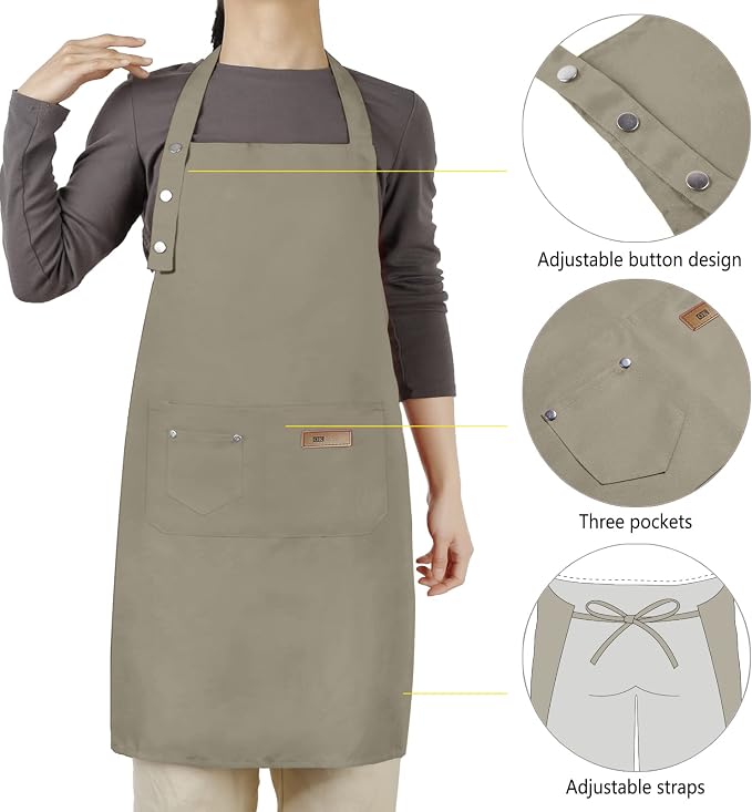 Hongsome Adjustable Button Apron for Women Men Artist Painting Pottery Garden Cooking Kitchen Chef 3 Pockets Waterproof M-XXL - Image 5