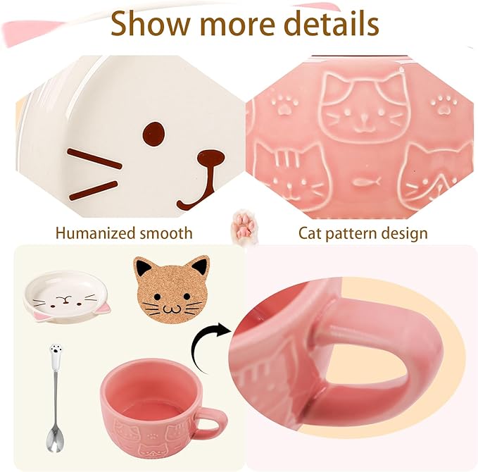 BigNoseDeer Cute Cat Mug Kawaii Tea Cup Pink Ceramic Coffee Mug with lid, Tea Cups and Saucers Preppy Stuff Cute Gifts for Women Cat Lovers Christmas Gifts 10oz
