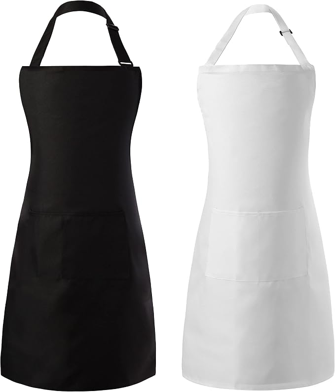 Tosewever 2 Pack Adjustable Bib Apron, Waterdrop Resistant Aprons with 2 Pockets Cooking Kitchen Restaurant Aprons for Women Men Chef, BBQ Drawing Crafting Outdoors (Polyester - Black & White, 2) by Tosewever