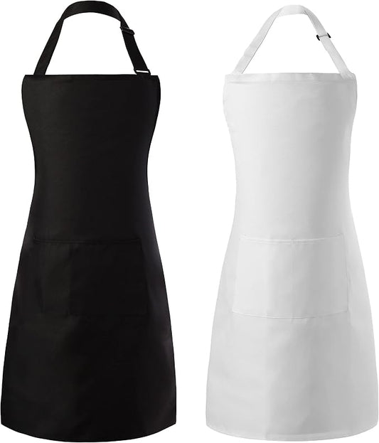 Tosewever 2 Pack Adjustable Bib Apron, Waterdrop Resistant Aprons with 2 Pockets Cooking Kitchen Restaurant Aprons for Women Men Chef, BBQ Drawing Crafting Outdoors (Polyester - Black & White, 2) by Tosewever