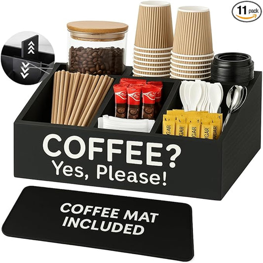 Coffee Bar Organizer for Countertop and Silicone Mat Included - Coffee Organizer Station with Removable Drawers - Tea Station for Countertop - Home Bar Accessories