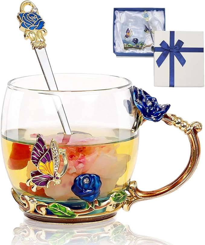 Flower Tea Cup,Butterfly Rose Clear Glass Fancy Coffee Mug with Spoon,Gift Box for Her Mom Wife Grandma Girls Women Christmas Birthday Present Idea for Juice,Hot And Cold Drinks Use