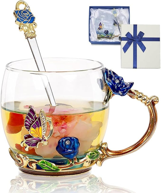 Flower Tea Cup,Butterfly Rose Clear Glass Fancy Coffee Mug with Spoon,Gift Box for Her Mom Wife Grandma Girls Women Christmas Birthday Present Idea for Juice,Hot And Cold Drinks Use
