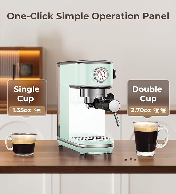 20 Bar Espresso Machine with Milk Frother, Compact Espresso Maker, Stainless Steel Coffee Machine with Precise Temp Control & 44oz Removable Water Tank for Latte, Cappuccino, Light Green