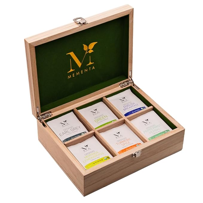 Mementa Inc Organic Wooden Tea Chest - 60 Tea Bags Individually Wrapped : Assorted Tea Variety Pack containing Black, Green, and Herbal caffeine-free teas : Tea Sampler Tea Set