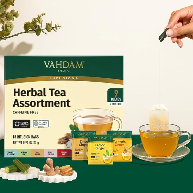 VAHDAM, Assorted Herbal Tea Sampler (18 Tea Bags, 9 Flavors) Caffeine-Free, Non-GMO | Double Infusion, Individually Enveloped Tea Bags | Herbal Tea Assortment