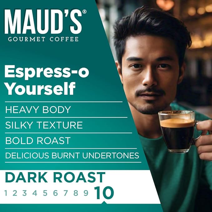 Maud's Espresso Roast Coffee Pods, 18 ct, Dark Roast Coffee in Single Serve Pods – 100% Arabica Coffee, Compatible with Keurig K Cups Maker