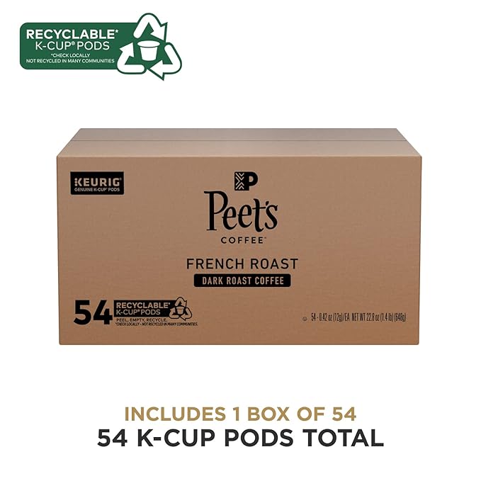 Peet's Coffee, Dark Roast Keurig K-Cup Pods, 100% Arabica Coffee - French Roast 54 Count (1 Box of 54 K-Cup Pods)