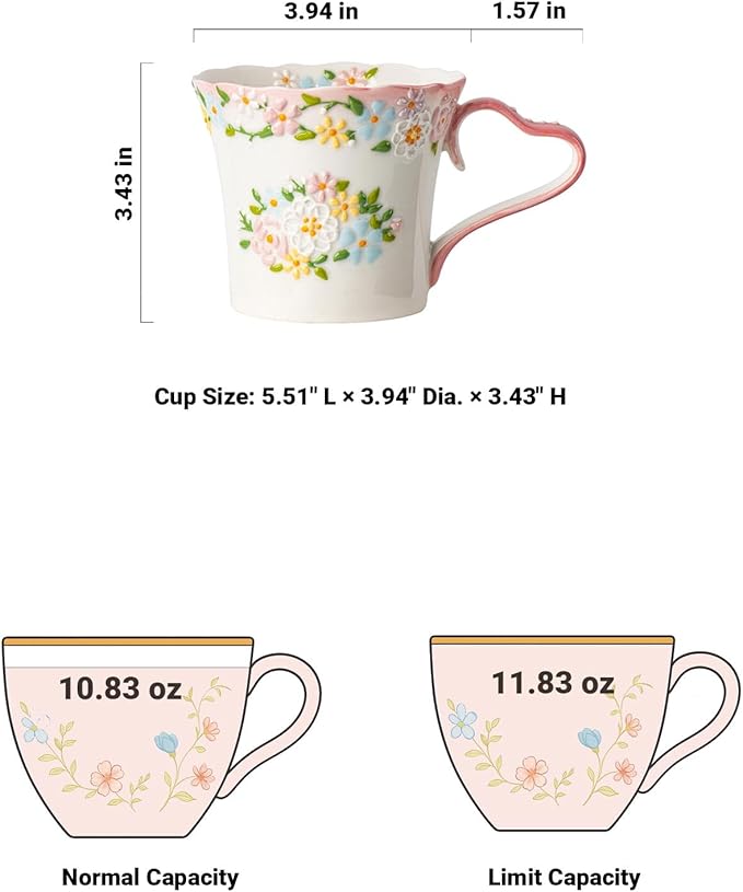 12oz Embossed Floral Ceramic Coffee Mug – Handcrafted Cottagecore Pottery Cup with Vintage Pastel Design, Dishwasher & Microwave Safe, Romantic Gift Mug for Her