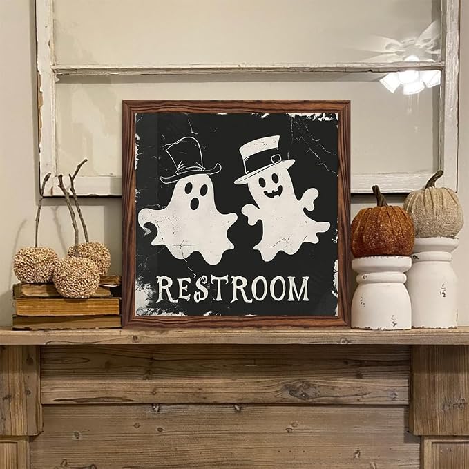 Vintage Halloween Cute Ghosts Bathroom Decor Restroom Wooden Sign 7.87x7.87 Inch, Halloween Wall Art Wooden Sign For Bathroom, Cafe, Bar, Office Hanging Decor - Image 6