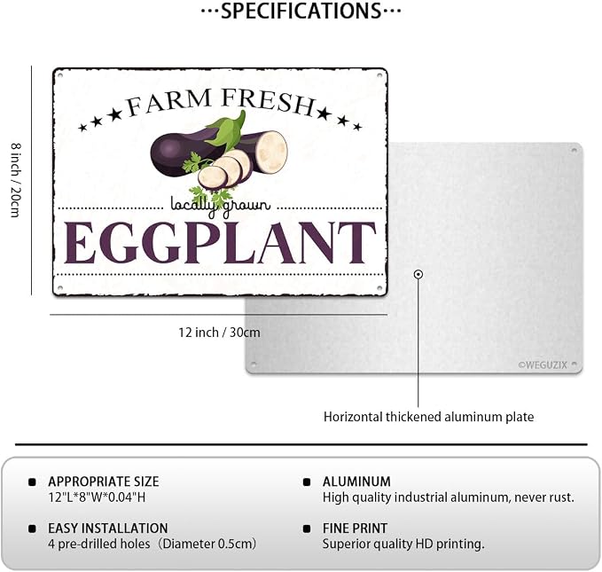 Vintage Eggplant Metal Signs Wall Decor Funny Vegetables Art Poster Decorative for Home Farmhouse Kitchen Garden Cafe Bar Farm Porch Fence Yard 12X8 Inch Aluminium Hanging Plaque - Image 2