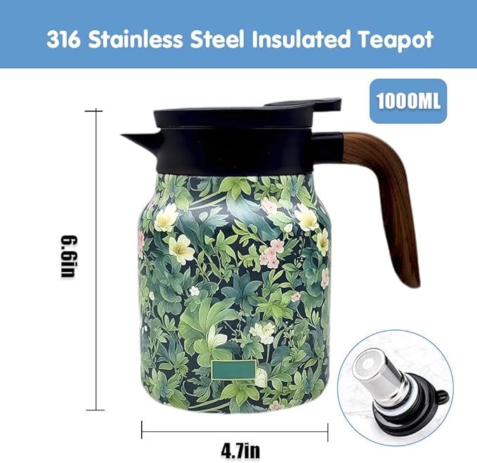 Vintage Floral Pattern Tea Pots – Built-in Infuser,Vintage Floral Teapot with Built In Infuser Stainless Steel Thermal Carafe with Lid for Hot Drinks,White(Wooden handle,35oz)