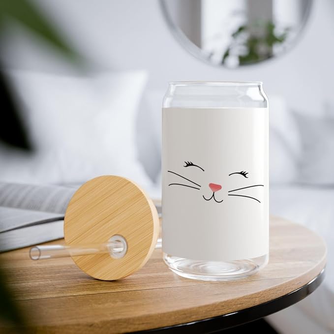 3dRose Too Cute White Kitty Cat Face Nose and Whiskers 16oz Sipper Glass with Bamboo Lid and Straw