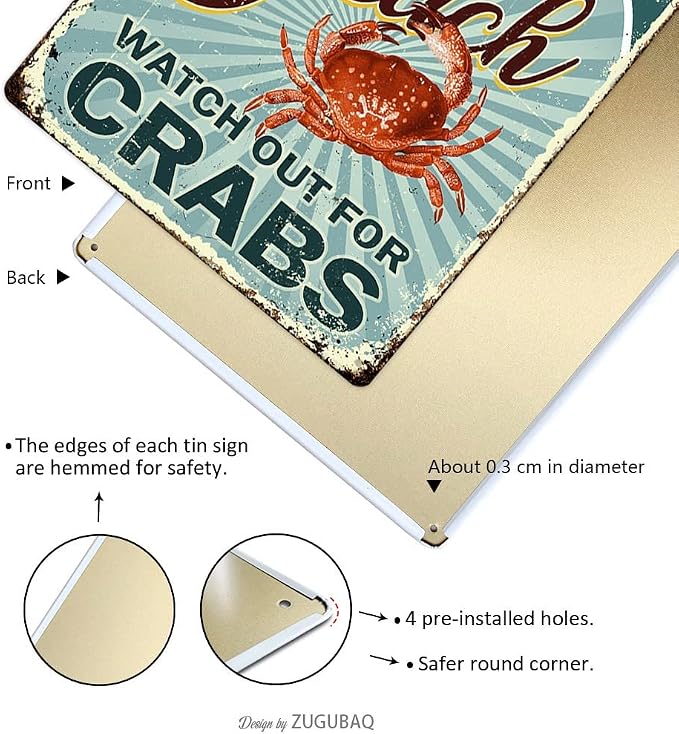 Vintage Tin Signs Wall Decor, Life Is A Beach Watch Out For Crabs, Retro Metal Sign for Outdoor Indoor Home Beach Garden Tub Bar Farmhouse Cafe Gate Fence 8X12 Inch Decorations - Image 3