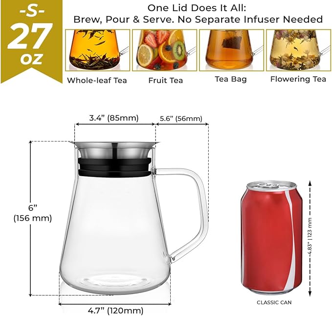 Aquach 27oz Glass Teapot with Smart Filter Lid, Stovetop Safe Borosilicate Glass Tea Kettle with Built-in Stainless Steel Infuser, Dishwasher Safe Hot & Iced Tea Maker, Plastic-Free