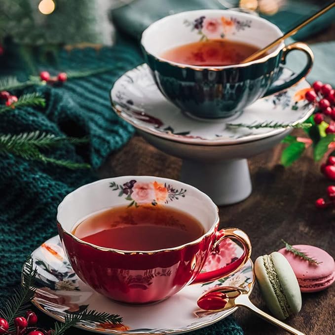 ONEUSTAR Tea Cups and Saucers Set of 2 Bone China Floral English Teacup with Spoon Coffee Cups Cappuccino Espresso Latte Mug for Christmas Gift, 8 Oz