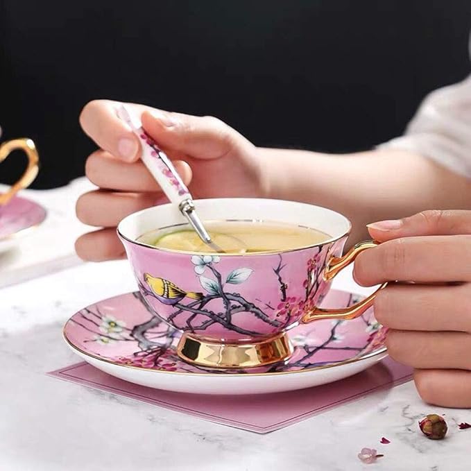 YBK Tech Euro Style Cup& Saucer Set Art Bone China Ceramic Tea Coffee Cup for Breakfast Home Kitchen- Birds and Trees Patterns (Pink)