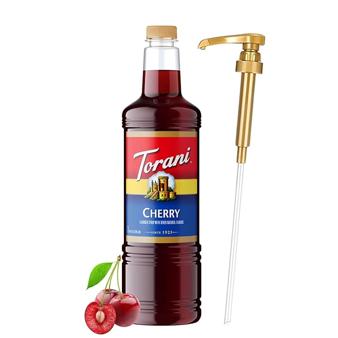 Torani Cherry Coffee Syrup 1 Liter Bottle with Pump Dispenser – Flavored Syrup for Lattes, Teas, Cocktails, Lemonades & Desserts – Premium Coffeehouse Quality Drink Syrup by Torani